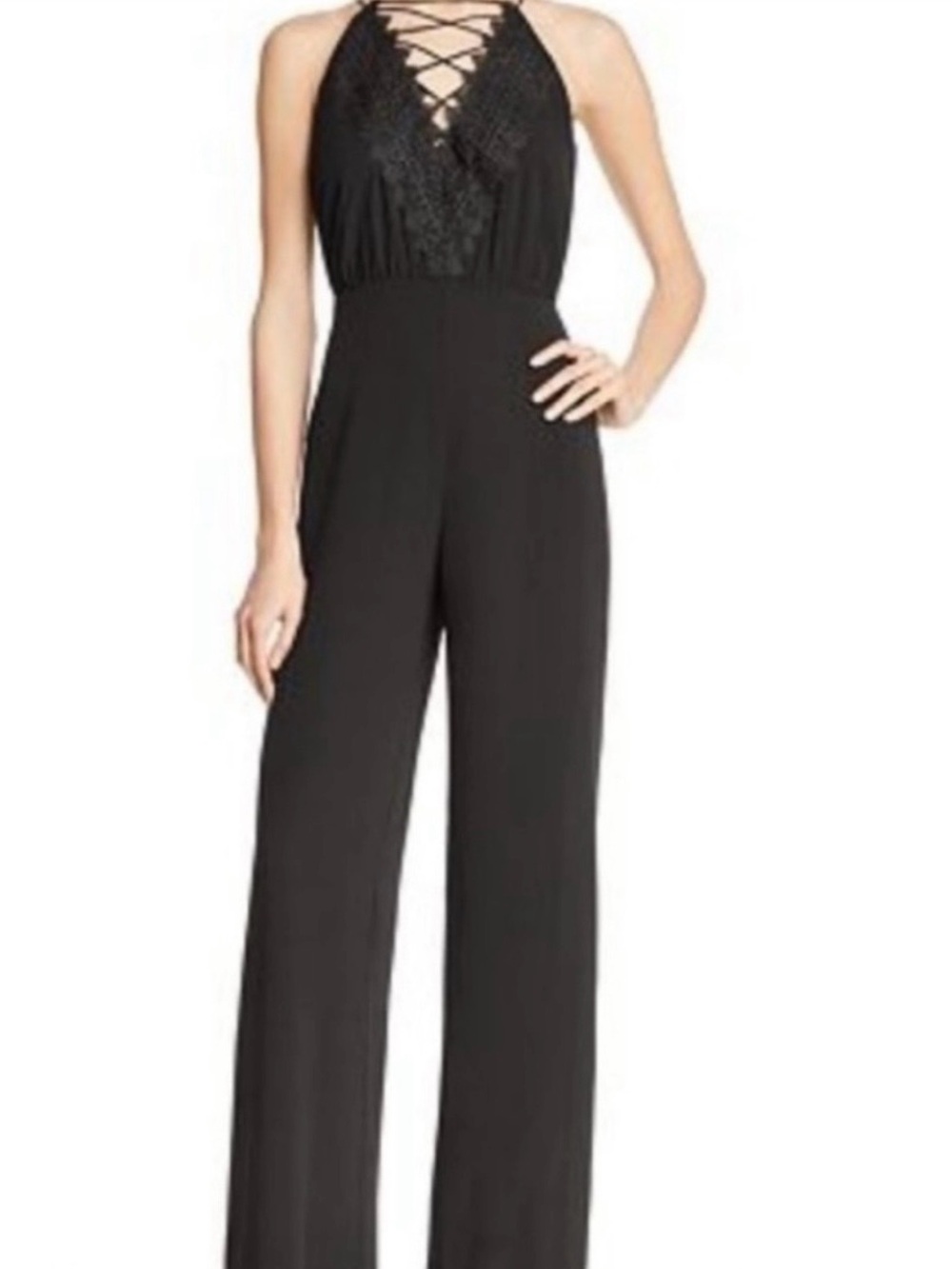 Wayf Black Lace-Trim Halter Wide-Leg Jumpsuit